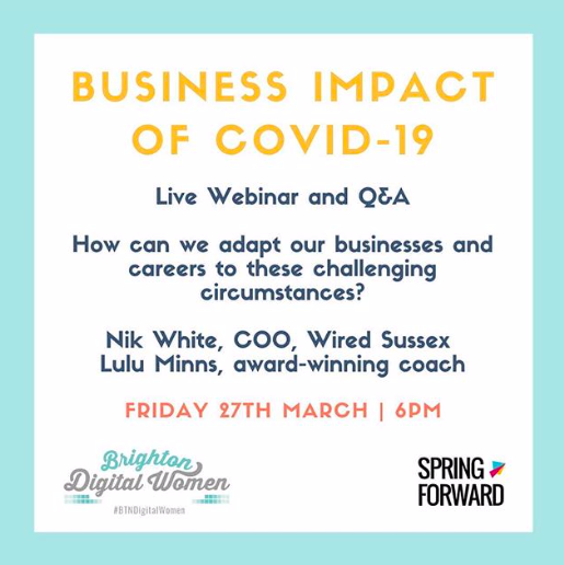 WeSpringForward's tweet photo. Knowledge is power! Join @BTNDigitalWomen, Nik White of @WiredSussex, and Lulu Minns of @SheRebelRadio to learn how to adapt to recent changes in your career during Covid-19.

Together, we’ve got this! Register now: https://t.co/0ZTGX5YC8o

#WeSpringForward #Brightoncommunity https://t.co/DG6Y3PGHOu