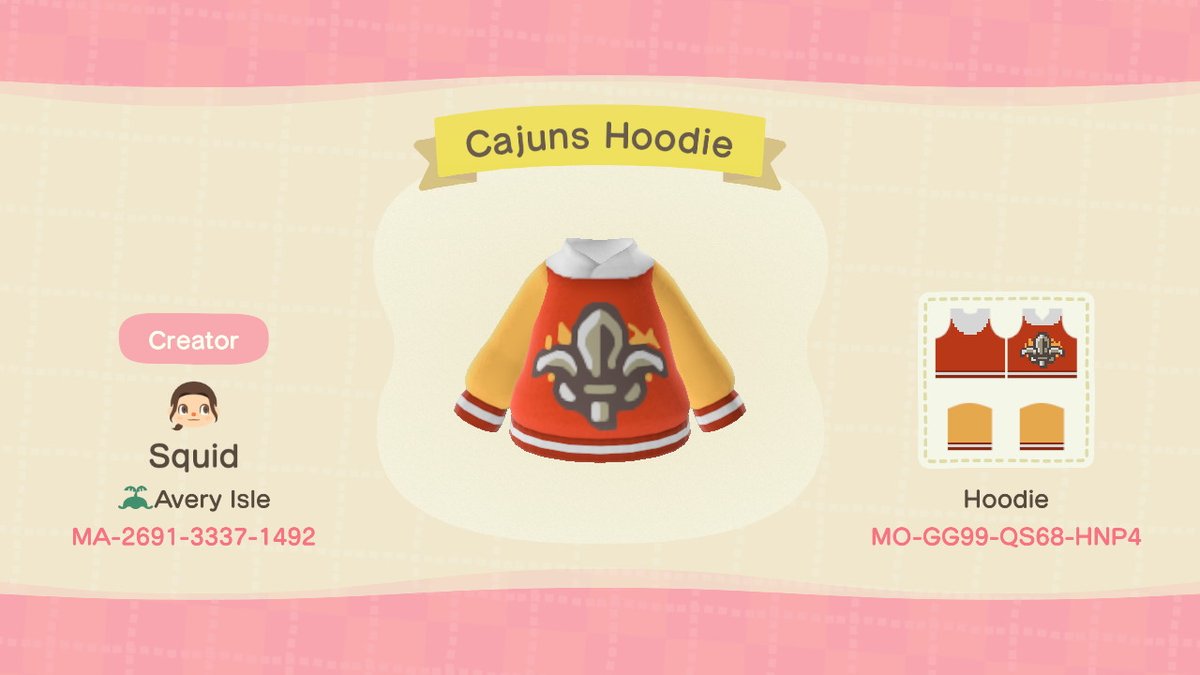 _squidofficial's tweet photo. Here's the @ULLafayette hoodie I made. Downloadincluded! #AnimalCrossing #ACNH #AnimalCrossingDesign #NintendoSwitch https://t.co/EaLQ5GYbor