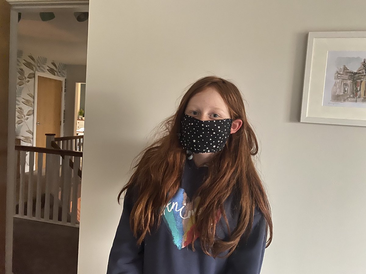 Emily has used her sewing kit and a couple of hair bobbles to make her very own face mask 😂😷 #creativity