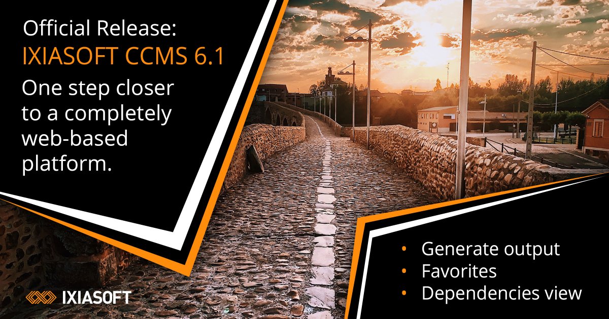 We are proud to announce IXIASOFT CCMS 6.1 is **officially released today!** Learn all about this version here: bit.ly/2UHCpq8
#teamccms #ditacms #ccms #documentation #contentmanagement #techdocs #technicaldocumentation #contentmanagementsoftware