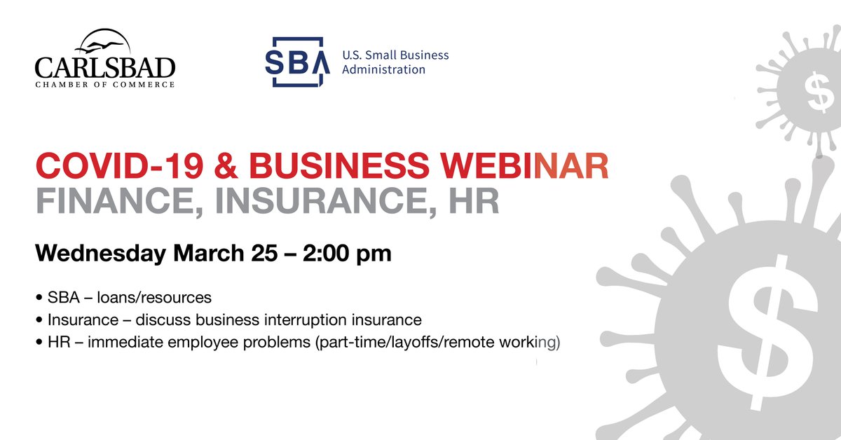 ChamberCarlsbad's tweet photo. RECORDING of yesterday's webinar with experts on @SBAgov & #FinancingOptions #HumanResources & #EmploymentOptions #InsuranceOptions. Stay tuned for details about our two upcoming webinars for next week! https://t.co/c4fwtB3e2Z