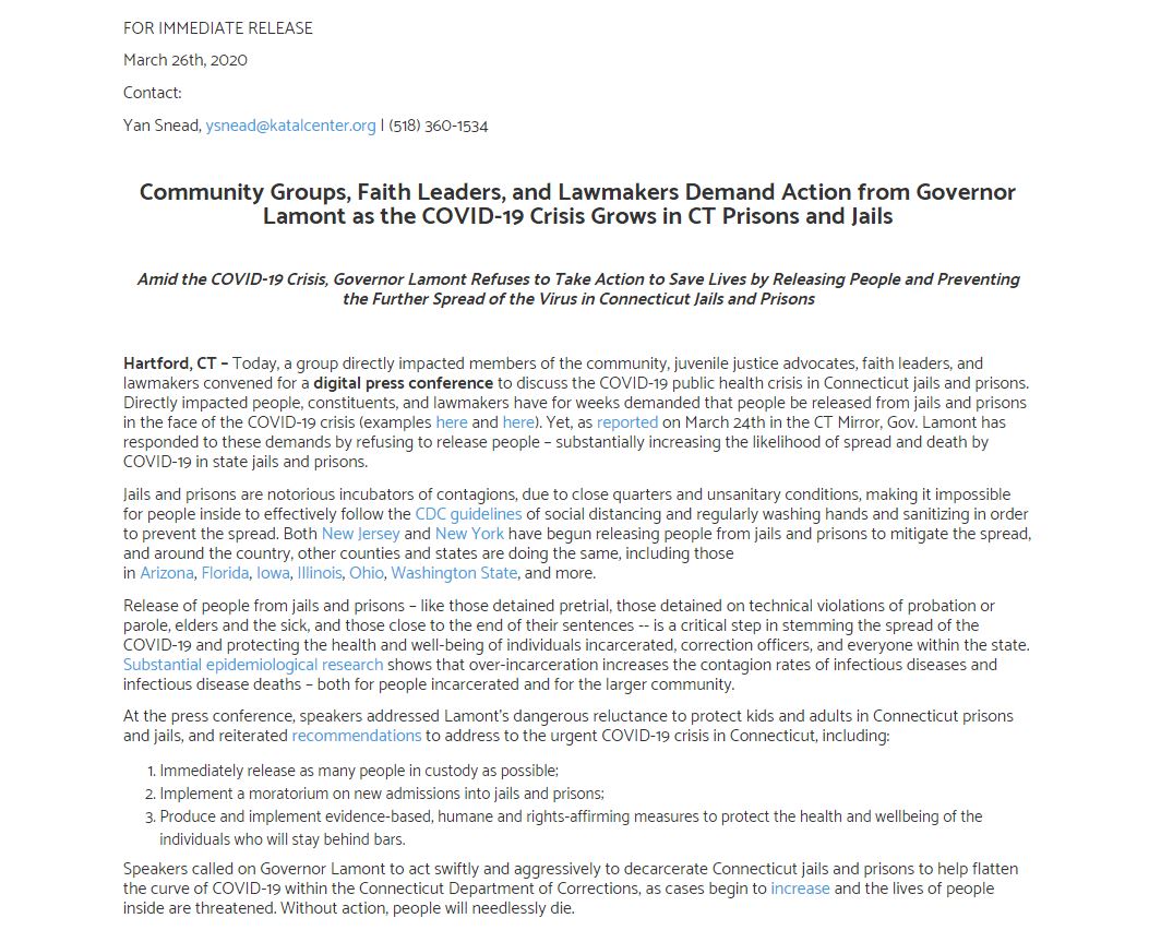 katalcenter's tweet photo. .@GovNedLamont refuses to take action to save lives by releasing as many people as possible to reduce the spread of #COVID19 inside CT jails &amp; prisons. In response, groups, faith leaders, &amp; lawmakers convened a digital press conference to demand action.

https://t.co/fnYdNP2D7h https://t.co/805CFabPnE
