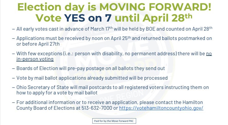 Election Day is Moving Forward! Vote YES on 7 until April 28th. Check out the info below or visit votehamiltoncounty.gov #YesOn7