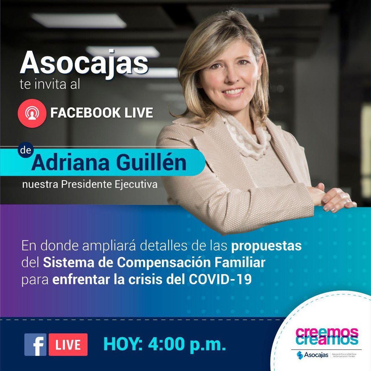 Compensar_info's tweet photo. #LasCajasProponen 

#FbkLive con la  Presidente Ejecutiva de Asocajas Adriana Guillén, quién nos contará todos los detalles sobre las propuestas del Sistema de Compensación Familiar para enfrentar la crisis por el #COVID19 👩🏻‍💻 

https://t.co/gTfV5NtlzC 

Inicia a las 4pm https://t.co/Pd881lxV5v