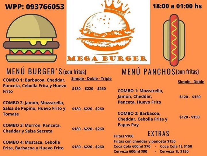 JuancaUmpierrez's tweet photo. 🍽 La mejor opción para quedarte en tu casa y comer a lo grande se llama #MegaBurgers.

Envíos de #Mega 🍔, #Mega 🌭 y #Mega 🍟 a Malvín, Unión, Buceo, Villa Española y La Blanqueada. 

🕛 Horario: 18:00 a 1:00

📞 Pedidos:
📱Wpp: 093766053
📲 Instagram: mega_burgers_ https://t.co/u6mX5BZ3vt