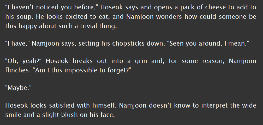 namseok, t, 6.8k || namjoon can't sleep, hoseok is very beautiful || sweet and moody, feels like being pulled from stagnation into the sunshine  https://archiveofourown.org/works/15970502 