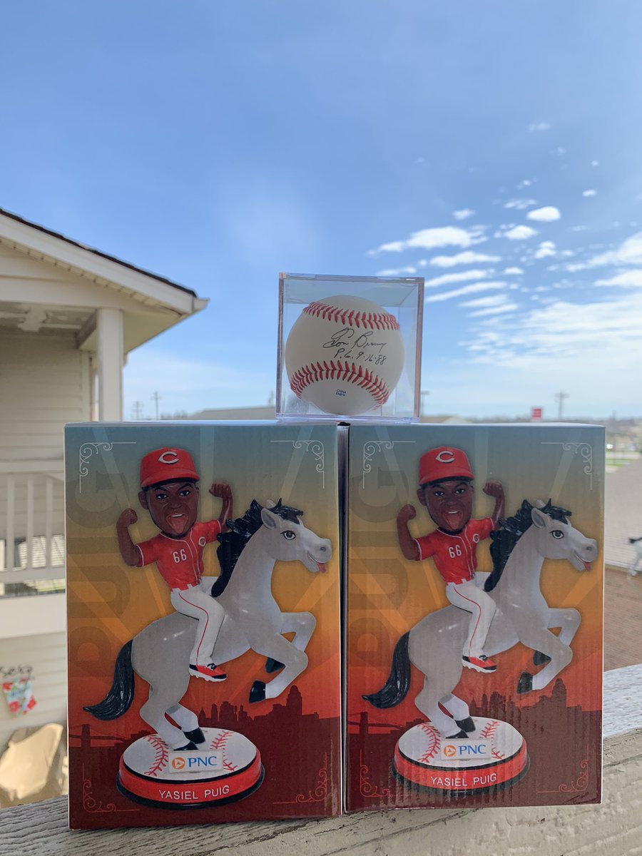🚨 3RD ANNUAL OPENING DAY GIVEAWAY TIME 🚨 RT, Follow, and Favorite this tweet for a chance to win 1 of 2 Yasiel Puig Bobbleheads from last year, and a signed baseball by Mr. Perfect Tom Browning with the perfect game date on it. Winners announced on Opening Day (TBD)! #Reds 🔴⚾️