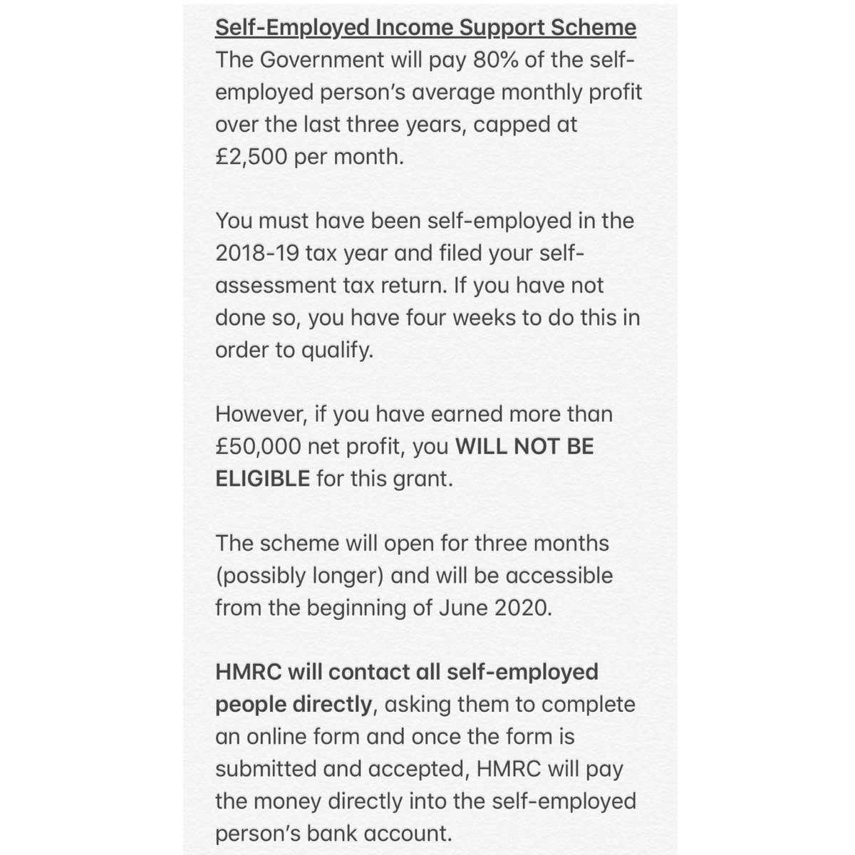 ChaddertonAccs's tweet photo. The Chancellor’s support for the self-employed summarised below. https://t.co/fBZbkj8ppi