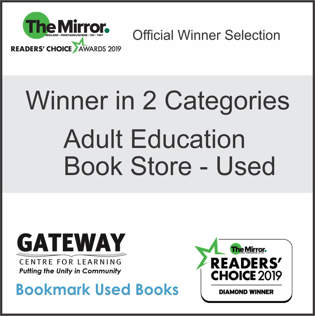 Gateway_Midland's tweet photo. Good news today. Thank you readers!
#Learners #Literacy #GatewayCentreForLearning #Bookmark #UsedBooks #TheMirror #ReadersChoice https://t.co/nLvPMQa1OR