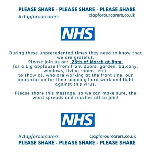 You can show your gratitude and appreciation for the outstanding, selfless work the NHS are doing during the pandemic by taking part in the #clapforNHS tonight at 8pm. #ThankfulThursday #ThankYouNHS