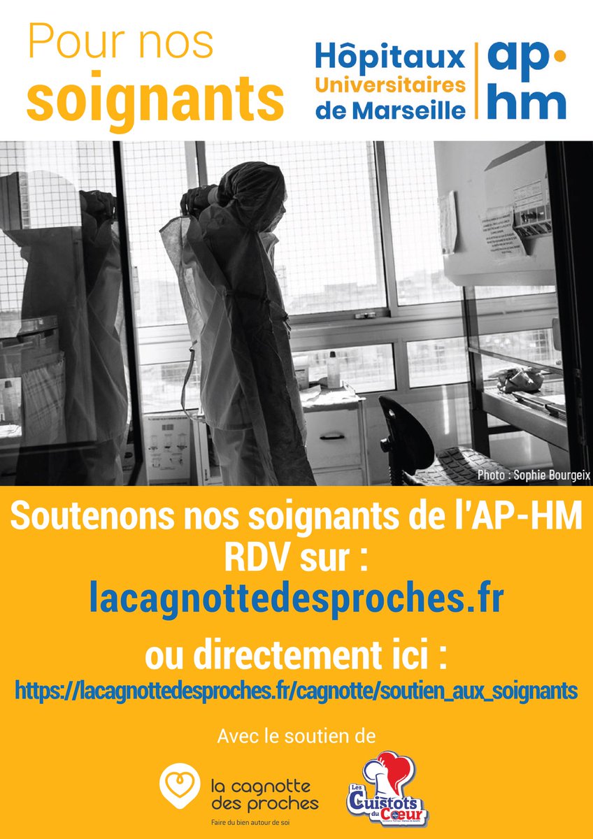 #Covid19 1/2 : 
Merci à tous ceux qui ont déjà contribué à notre cagnotte . Vous êtes chaque jour très nombreux à nous demander comment aider le personnel en première ligne de cette crise sanitaire .
Cette cagnotte a était créée pour le personnel de l’<a href="/aphm_actu/">AP-HM - Hôpitaux Universitaires de Marseille</a> .