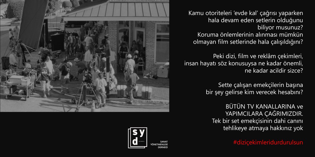 Kamu otoriteleri ‘evde kal’ çağrısı yaparken hala devam eden setlerin olduğunu biliyor musunuz? Koruma önlemlerinin alınması mümkün olmayan film setlerinde hala çalışıldığını? #diziçekimleridurdurulsun