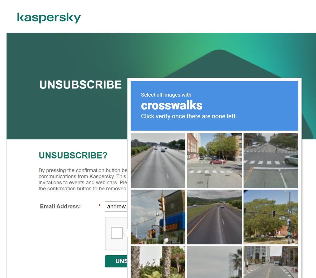 burch's tweet image. Wow! @kaspersky your unsubscribe process violates CAN-SPAM...like, a lot. Forcing a captcha before I can unsub, sending me an unsub confirmation email, AND making me hit confirm in that email. 🤬