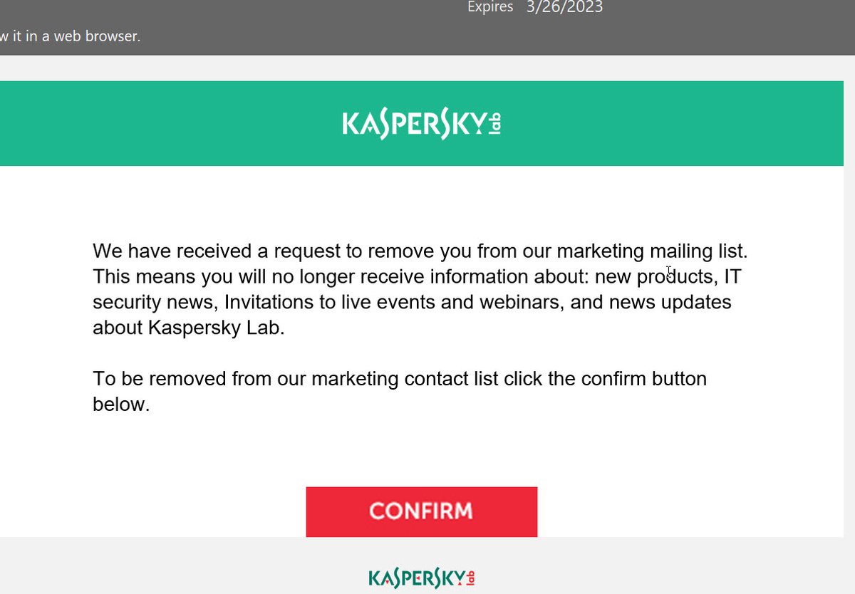 burch's tweet image. Wow! @kaspersky your unsubscribe process violates CAN-SPAM...like, a lot. Forcing a captcha before I can unsub, sending me an unsub confirmation email, AND making me hit confirm in that email. 🤬