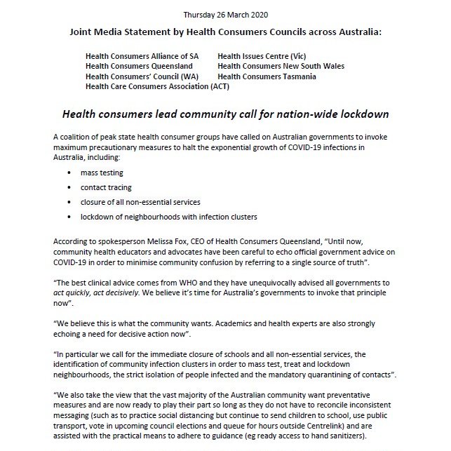 HCQconsumerorg's tweet photo. Joint Media Statement by Health Consumers Councils across Australia.

Organisations and individuals can add their voices to the campaign by contacting us at consumer@hcq.org.au
For Media comment contact Melissa Fox 0404882716

#COVID19 #LockdownAustralia https://t.co/of6HnYvHJe https://t.co/pLQDctCne5