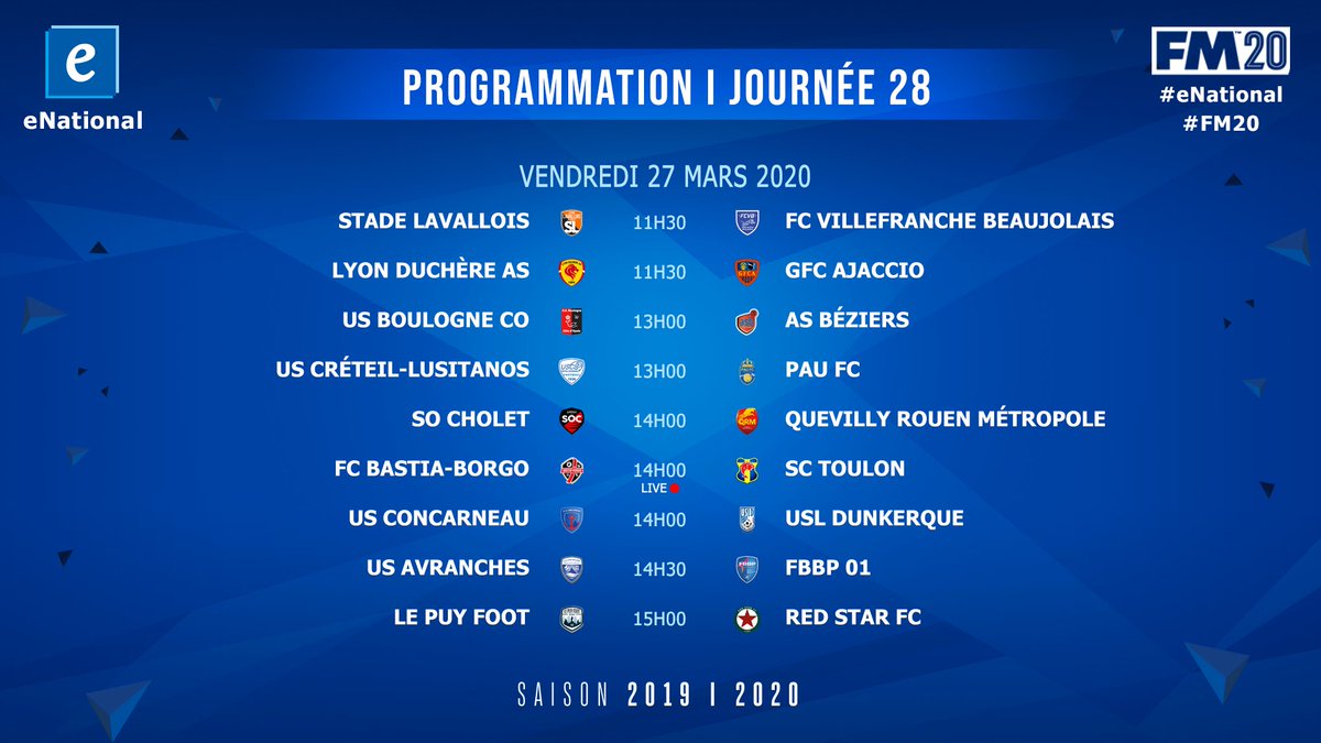 eNationalFM's tweet photo. 📅 Voici la programmation de la Journée 28 du #eNational.
Toutes les infos sur le championnat 👉 https://t.co/U3lo1kijEZ https://t.co/pA2u7ZLg2W