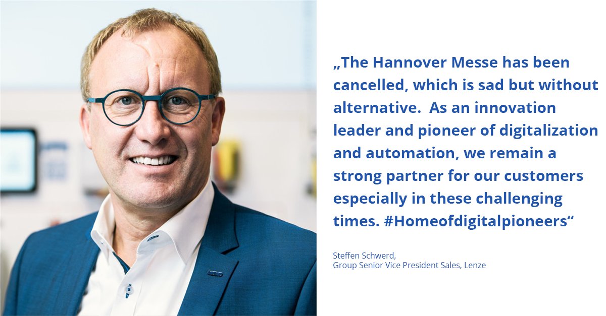 Lenze_Gruppe's tweet photo. Wir bedauern die Absage der @HannoverMesse 2020 sehr, sehen diesen Schritt aber als alternativlos an. In Zeiten wie diesen wird Digitalisierung essentiell. Wir unterstützen unsere Kunden bei der digitalen Transformation👉 https://t.co/uqw0fqzl5t #TogetherWeMasterThisChallenge https://t.co/jo7bqFWKSn
