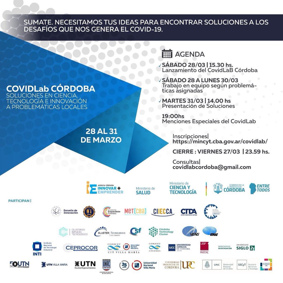 FundaLautaro's tweet photo. 📣 @gobdecordoba junto a organizaciones de diversas índoles de la provincia de Córdoba desarrollarán el #COVIDlabCórdoba.

🔬Es un laboratorio virtual de ideas para buscar soluciones y estrategias locales a la problemática del coronavirus en nuestra provincia.

#Coronavirus https://t.co/SUHEpeiOst