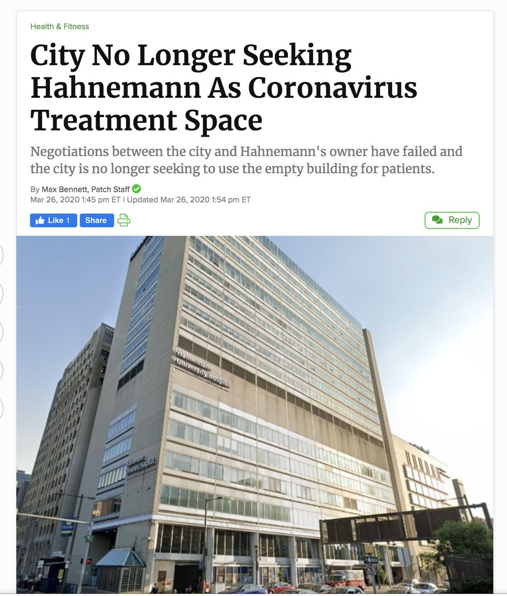Hospitals, even gutted ones without equipment, are WAY BETTER CHOICES for overflow emergency hospitals - the physical structure of the buildings is better than hotels and stadiums. Our emergency rooms are about to be overrun by COVID patients. Hahnemann will remain closed.