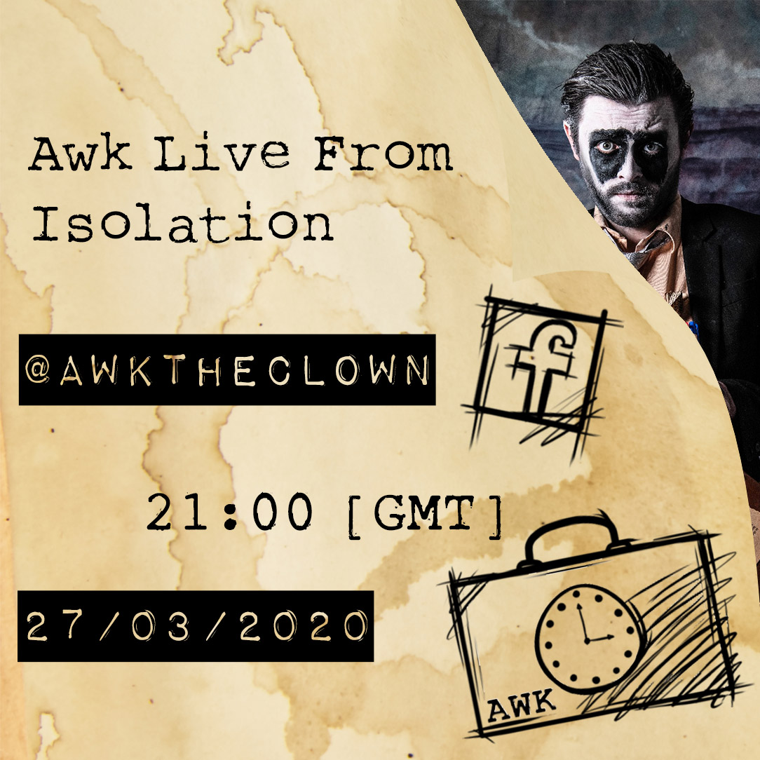 AwkTheClown's tweet photo. Awk will be going #Live again tommorow on #Facebook.

Join Awk tommorow and maybe Awk will feel a little less lonely, and maybe so will you.

#Clown #Theatre #Livestream #SocialDistancinguk #COVID2019 #cabaret https://t.co/5QrzrqIXq4