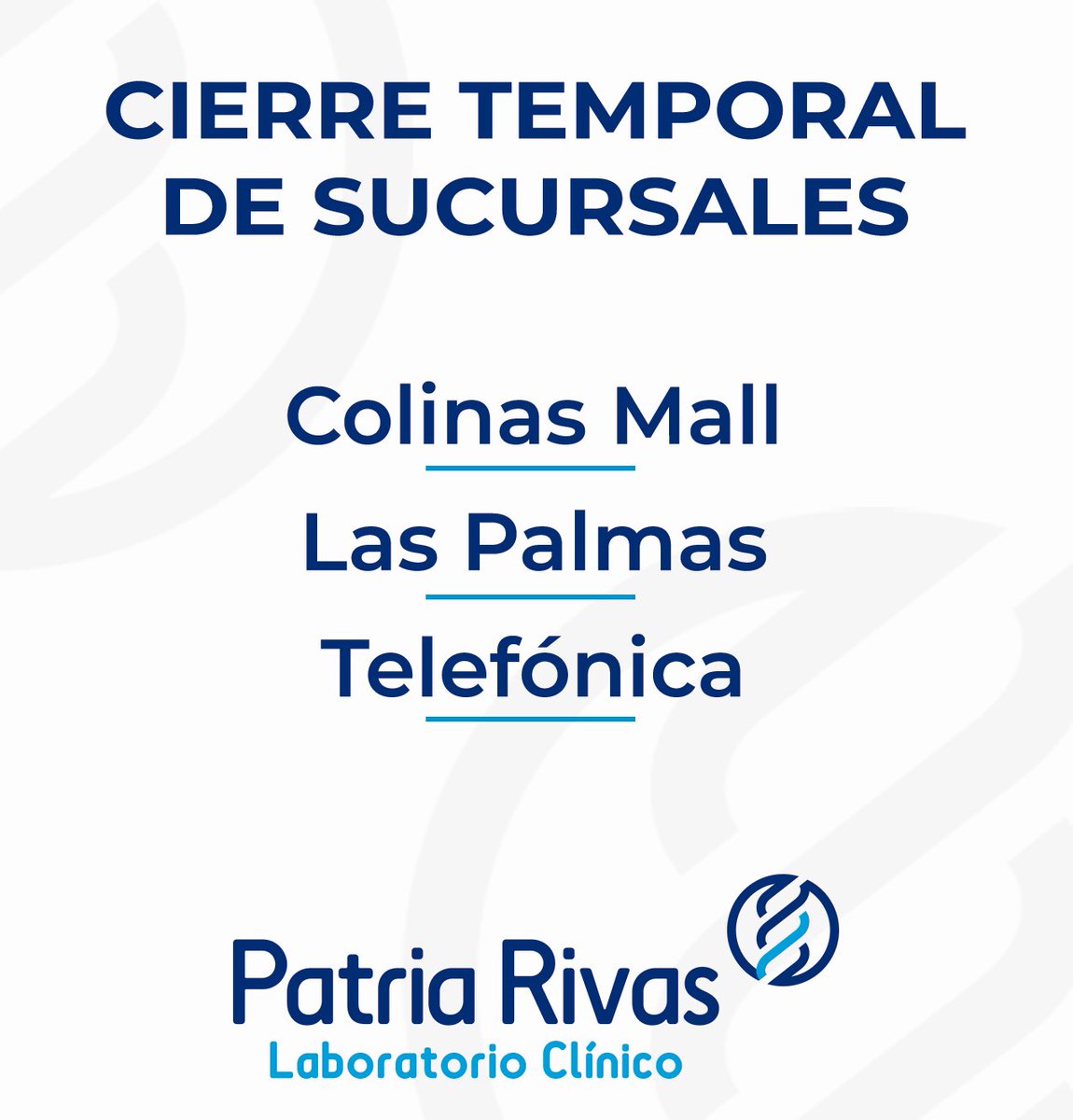 LabPatriaRivas1's tweet photo. Cierre temporal de sucursales. | #LabPatriaRivas #coronavirus #covid_19 https://t.co/F9hpfZcHJZ