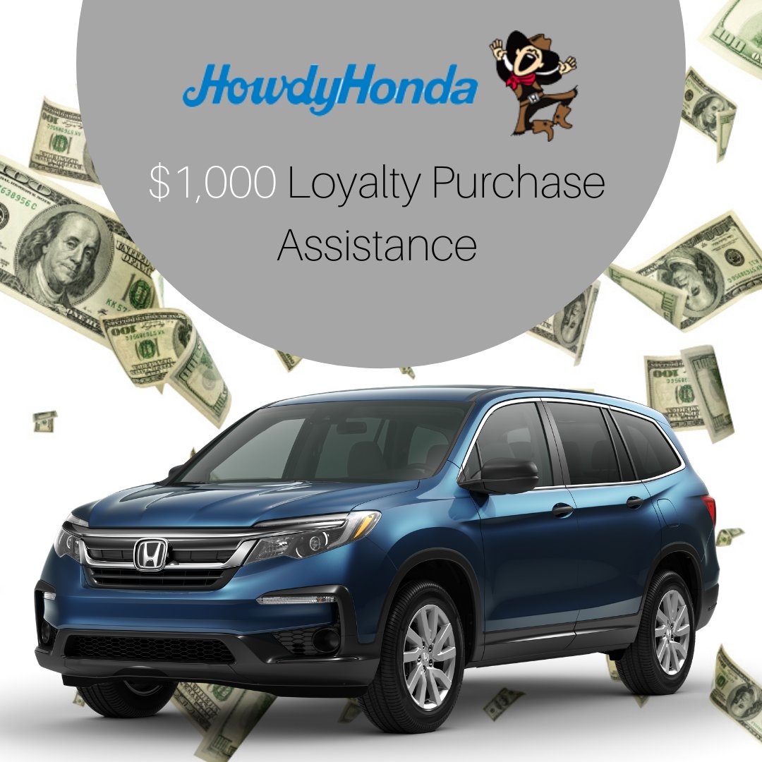 Howdy Honda is offering Loyalty Purchase Assistance Cash of $1,000 toward the purchase or lease of a new Honda model! (certain exclusions apply). Call or visit our website today for more information. 
#howdyhonda #loyalty #newhonda #honda