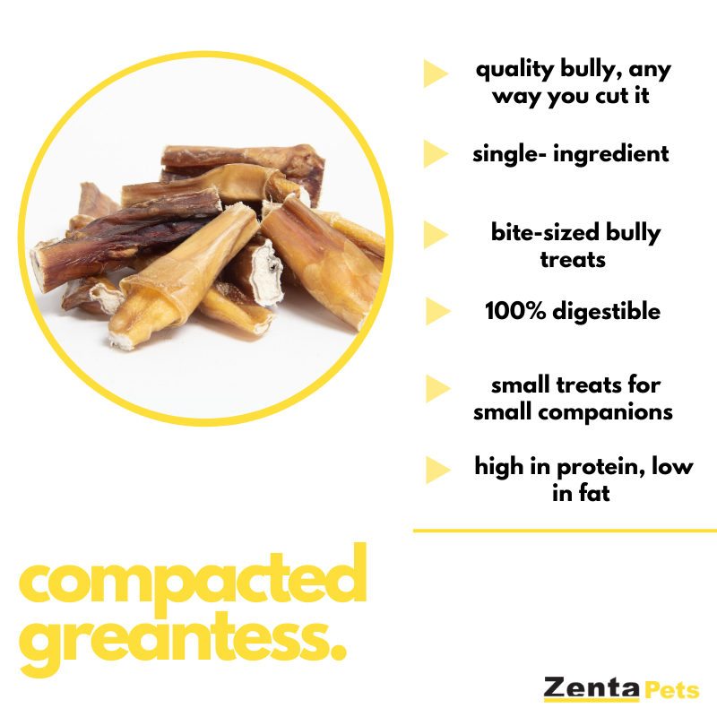 PetsZenta's tweet photo. thanks to our extensive production capabilities, we are able to offer bully products like our bully stick 2”-4” 

high in protein + low in fat, these blitzed sized bully treats are perfect for small companions 

no half measures, nothing but the best.
 #zentapets #bullystick https://t.co/EWv5qjvJfq