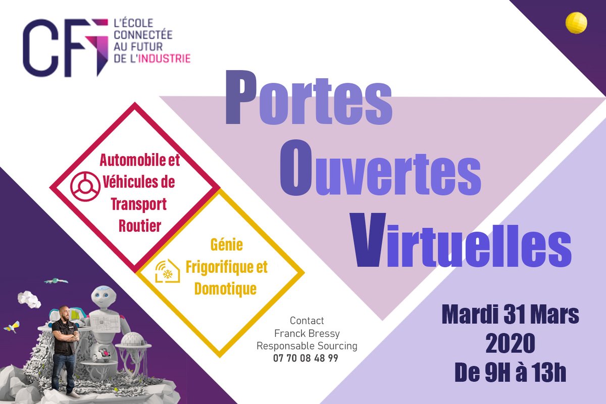 [EVENT] Le CFI vous donne rendez-vous !
JPO VIRTUELLE mardi 31 mars  9h-13h
Filière Automobile-Véhicules Transport routier &amp; Génie frigorifique                                                                    
En savoir + bit.ly/2WW3b11  
#cfiformations #alternance