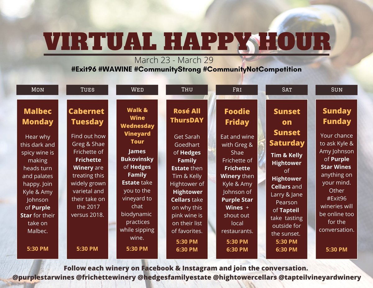 yakimavalley's tweet photo. Join Yakima Valley wineries @PurpleStarWines  Hightower Cellars, Frichette Winery @TapteilVineyard Hedges Family Estate have started a virtual happy hour each day streaming on wineries Facebook and Instagram pages! #wine #WAstateWine https://t.co/3ofBiS60Cr https://t.co/SBDTXVR1Vx