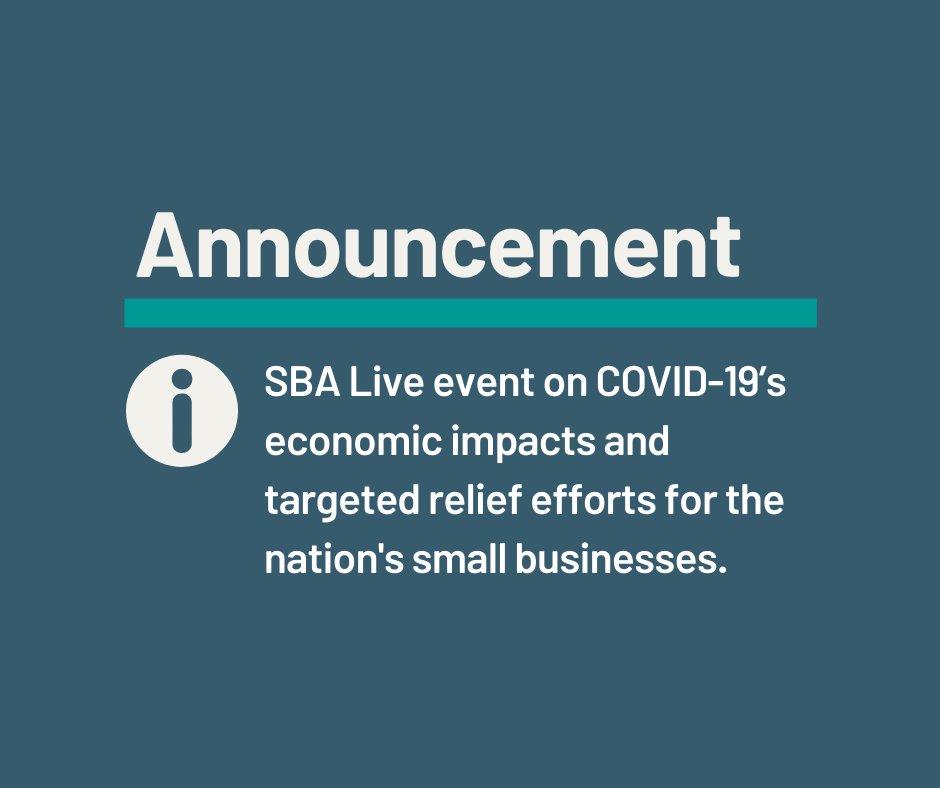 On March 27, 2-3:30 pm EDT, the SBA will host a live web event with SBA Administrator Jovita Carranza on COVID-19’s economic impacts and the SBA’s targeted relief efforts for the nation's small businesses.

To register, visit:
register.gotowebinar.com/register/28289…