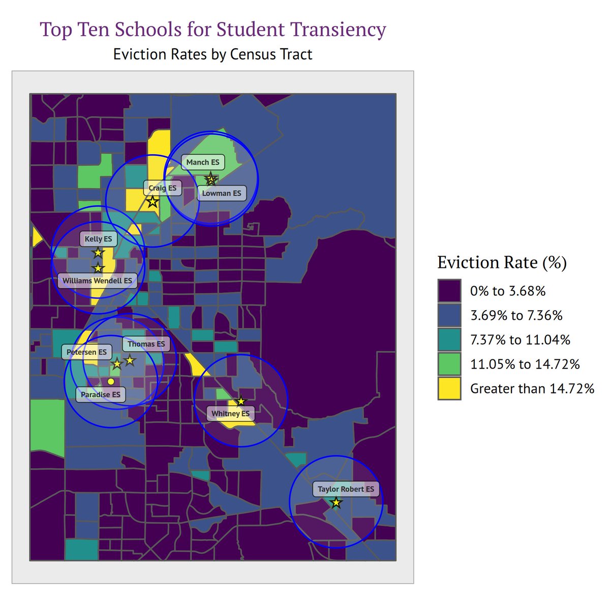 GuinnCenter's tweet photo. Here's another one that illustrates a relationship b/t schools w/ highest #transiency rates & #eviction rates. Note that all but 1 school are 1-star schools. #HousingEducationNexus #nvleg @CIS_Nevada https://t.co/Kt5nKGeWvq