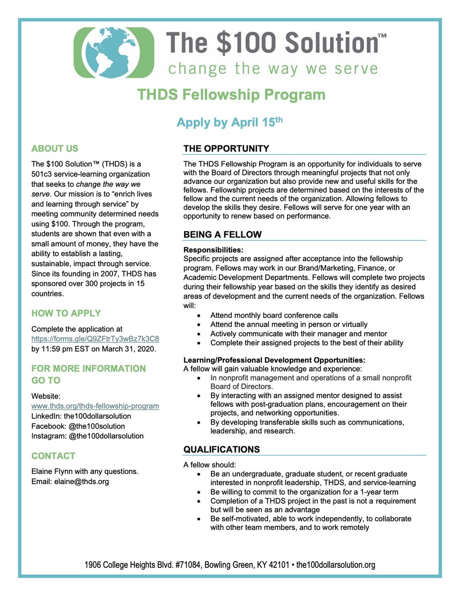 the100solution's tweet photo. Want to be involved in a nonprofit organization seeking to change the way we serve? Now you can! We are currently accepting applications for the THDS Fellowship Program from undergraduates, graduate students, and recent graduates. 
Visit https://t.co/YaldJHoVH2 for more info. https://t.co/Zf0Tyt2lgu