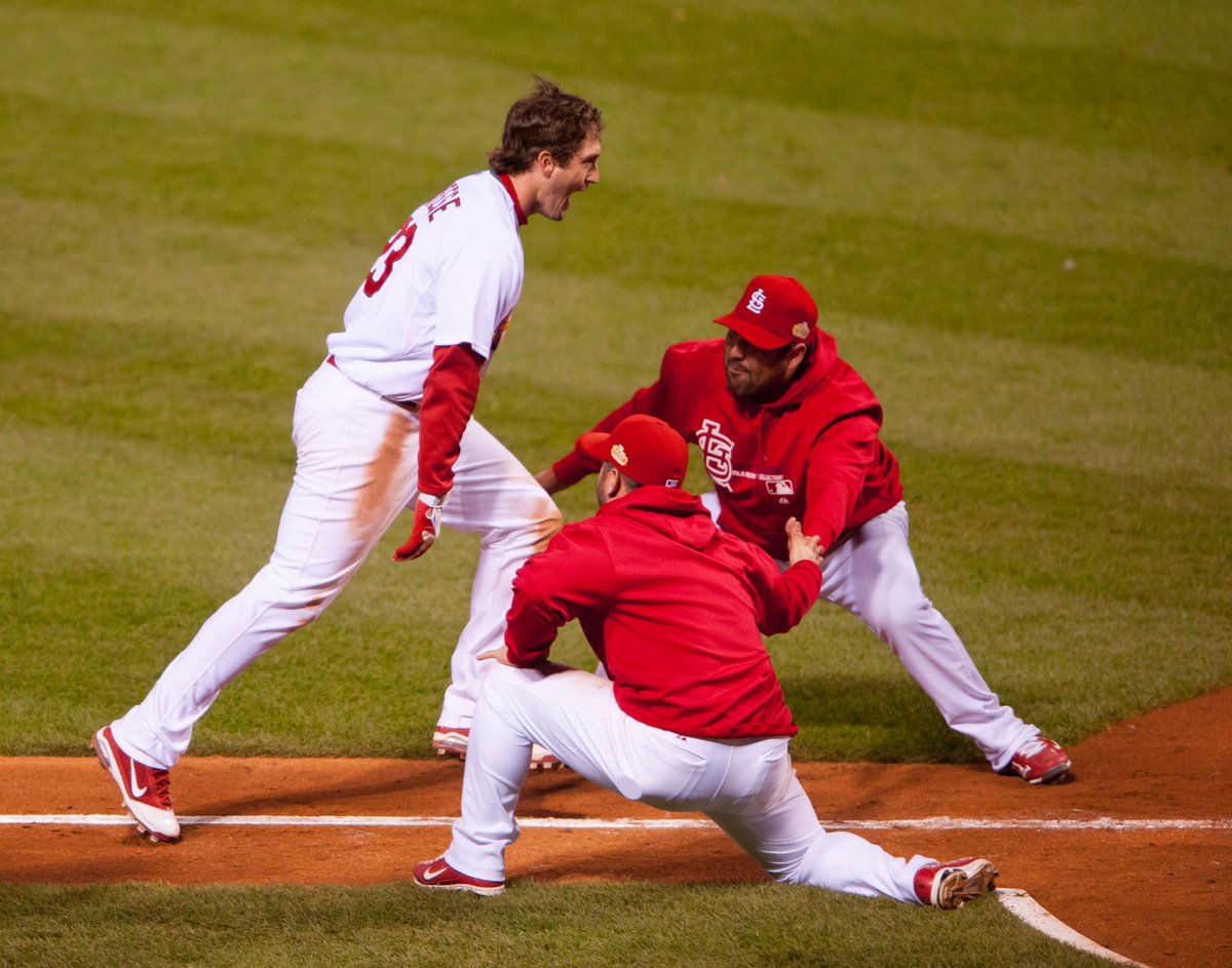 Cardinals's tweet photo. Rounding 2nd and looking in is probably the coolest memory I have of that night. 

The team storming up to the plate because you sent it to Game 7.

#FreeseTweets | @DavidFreese https://t.co/FCsSEK37dp