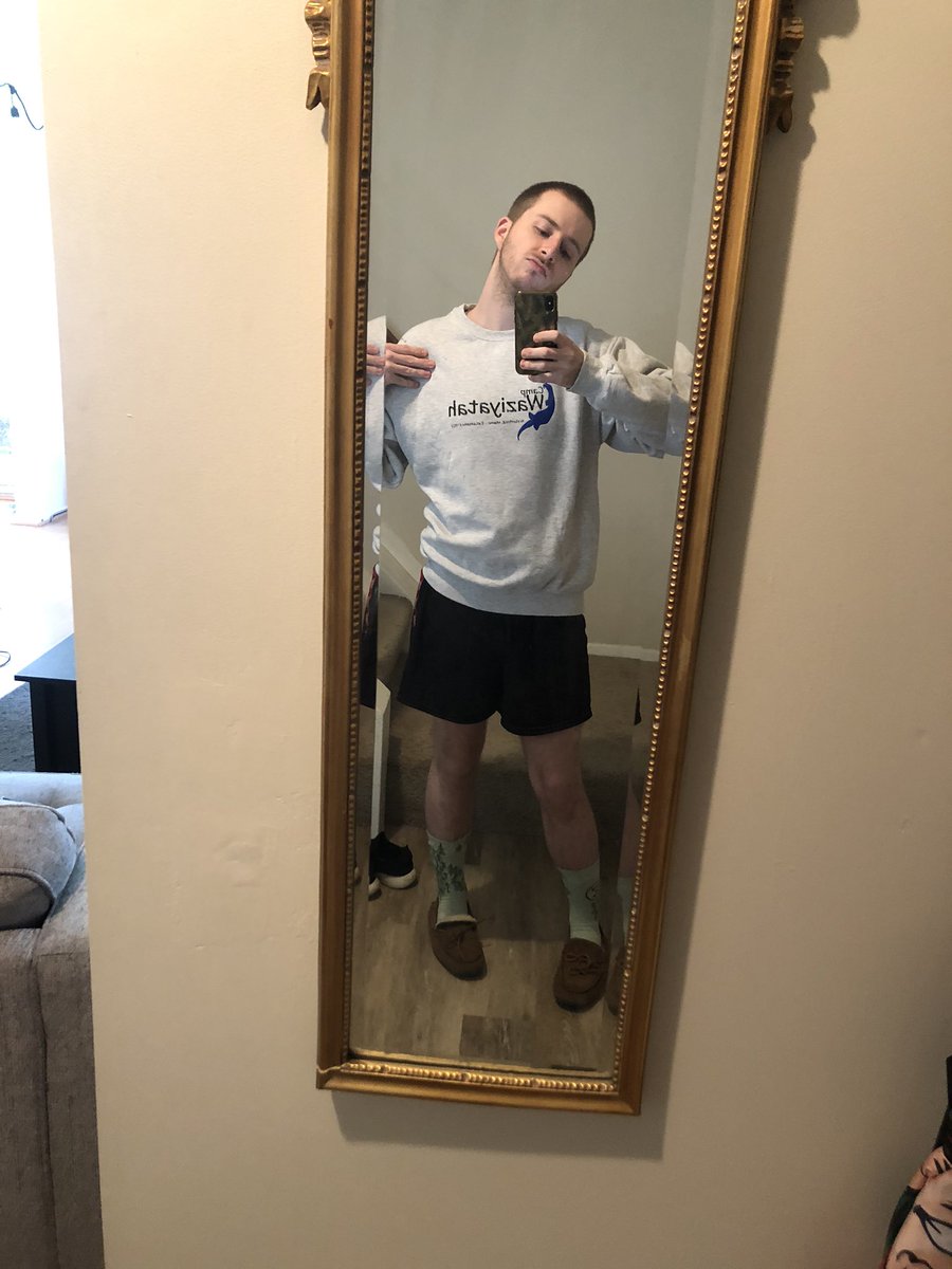 today’s wfhoutfit features official merch from Camp Waziyatah (made famous by the 1998 premier season of Disney’s riveting reality series Bug Juice and mentioned once in Gilmore Girls season 4) and socks covered in little trees that say “I fucking love it out here”