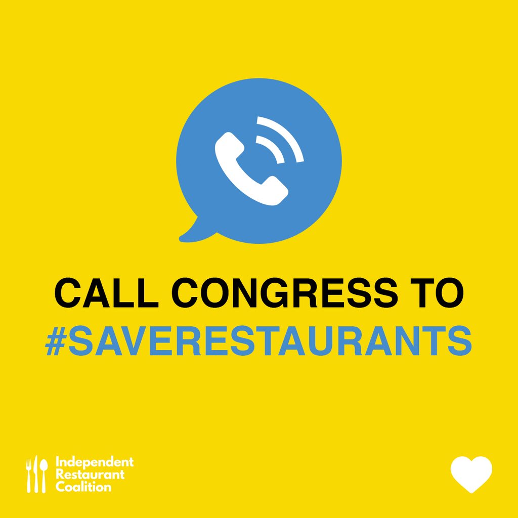 Together, we can #SaveRestaurants! Join us and <a href="/IndpRestaurants/">Independent Restaurant Coalition</a> in calling your members of the House to demand they pass the Senate’s forthcoming bill as soon as possible. Call now: p2a.co/jrY3xhM 💛💙