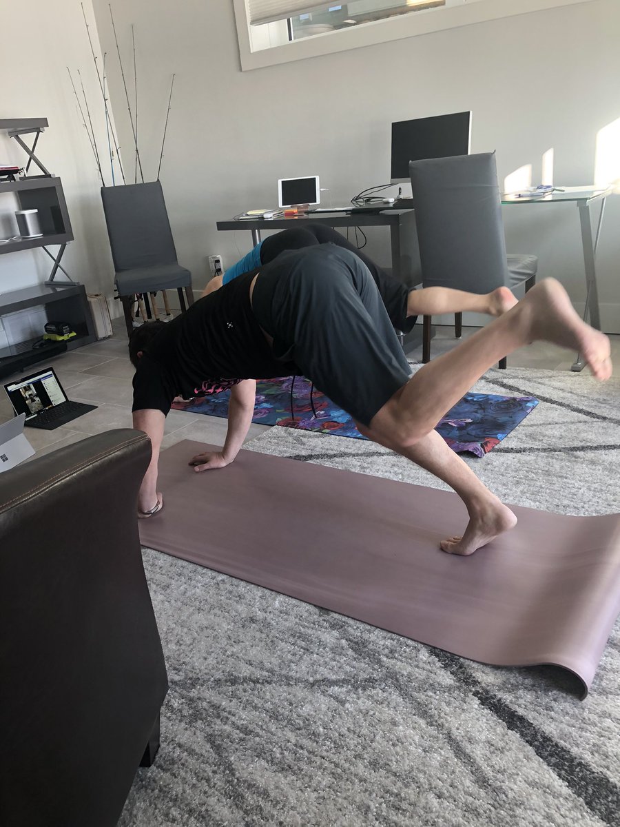We had some fun live streaming our yoga class with <a href="/YogaLahari/">LahariYoga.ca</a> on Facebook. I cannot believe how inflexible <a href="/LeadingEdgePT/">leadingedgept</a> is but he was good at the breathing and child’s pose! See you tomorrow again @ 9:30 on my page for the actual class &amp; our leading edge page to laugh at grant