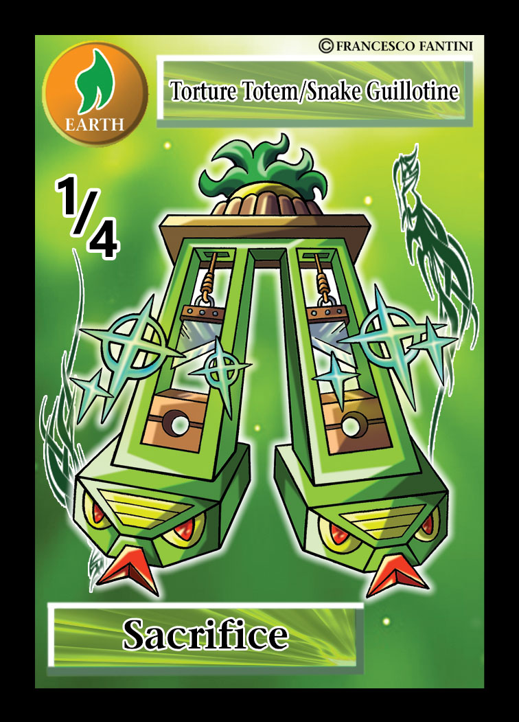 PuzzleTcg's tweet photo. After a long time, here is the fourth and last part of the Torture Totem Spirit, the "Snake Guillotine"! Crazy design😂! #ElementalPuzzle #tcg #homemadetcg #earth #spirit #cardgame #battle #fight #snake #guillotine #cartoon #style #puzzle #game #product #boosterpack #gioco #toys https://t.co/CM6V8seZrL