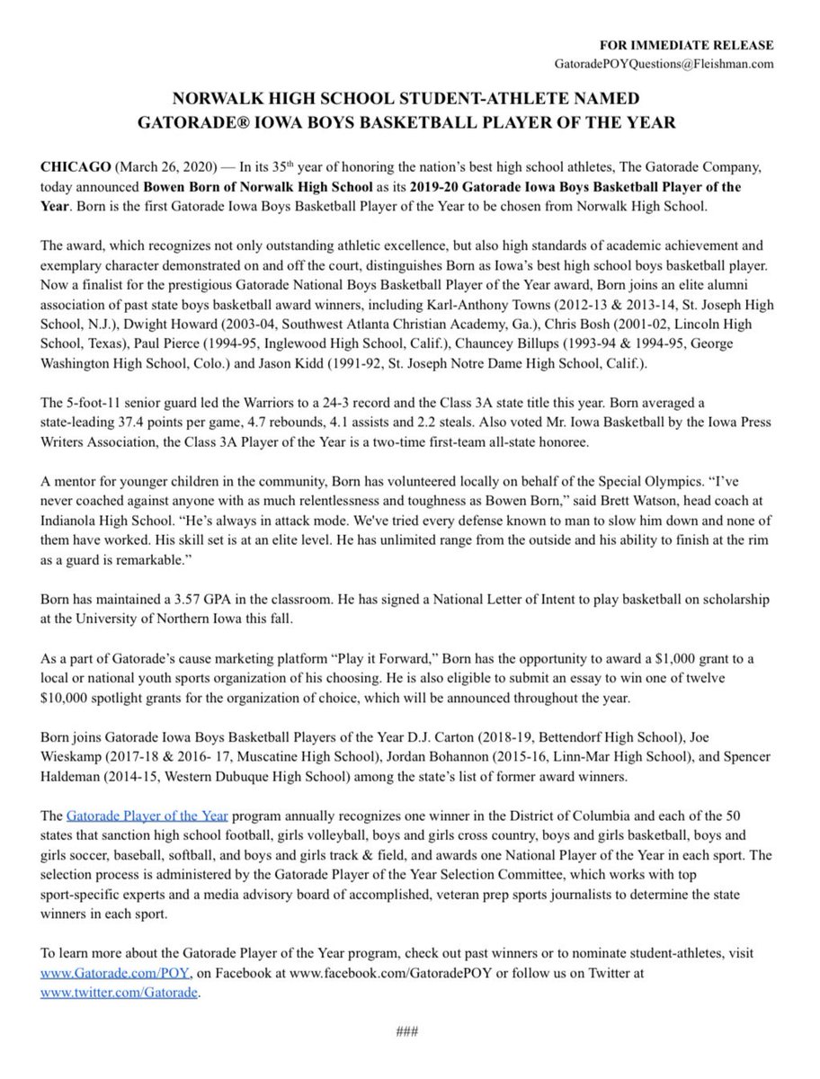 NorwalkHoops's tweet image. Congrats to Bowen Born @bowenborn13 for being named 2019-2020 Gatorade Player of the Year!