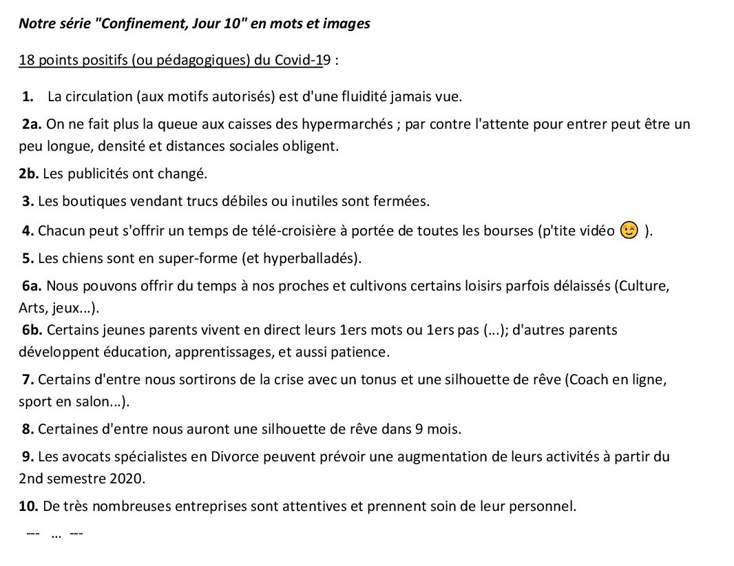 HenriMars13's tweet photo. #CONFINEMENTJOUR10 - en mots et images; petit bilan :
18 points positifs (ou pédagogiques) du Covid-19 :
A compéter. Merci -  #Coronavirus #COVID19 #CriseSanitaire https://t.co/bEruwicmq6