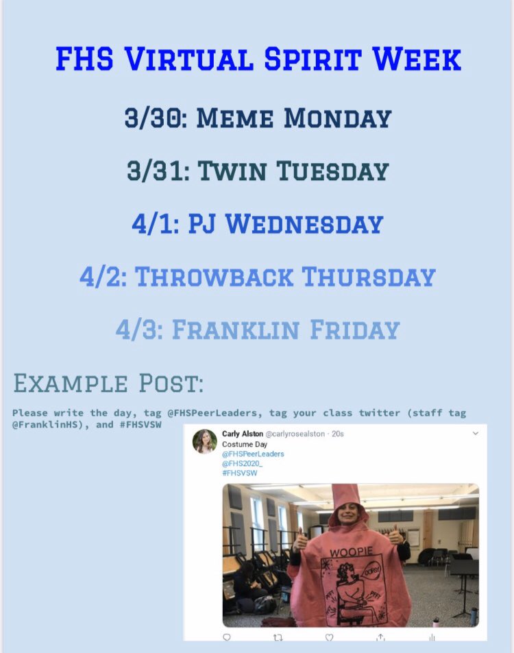 FHS Virtual Spirit Week starts this Monday! Best outfit of each day wins a prize! DM us with questions