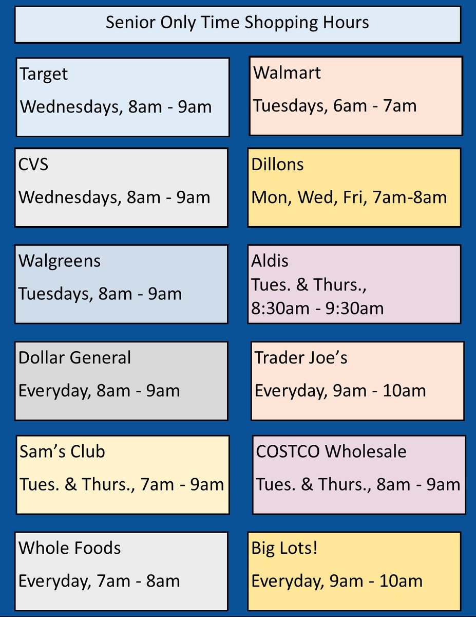 SedgwickCounty's tweet photo. Below is a list of stores in Sedgwick County with special hours for older adults (60+), or those who are most at-risk for COVID-19. This information is current as of March 25, 2020. 

Find a full list of community resources here: https://t.co/CGrdls2p4m. https://t.co/3yRjY8Xy6a
