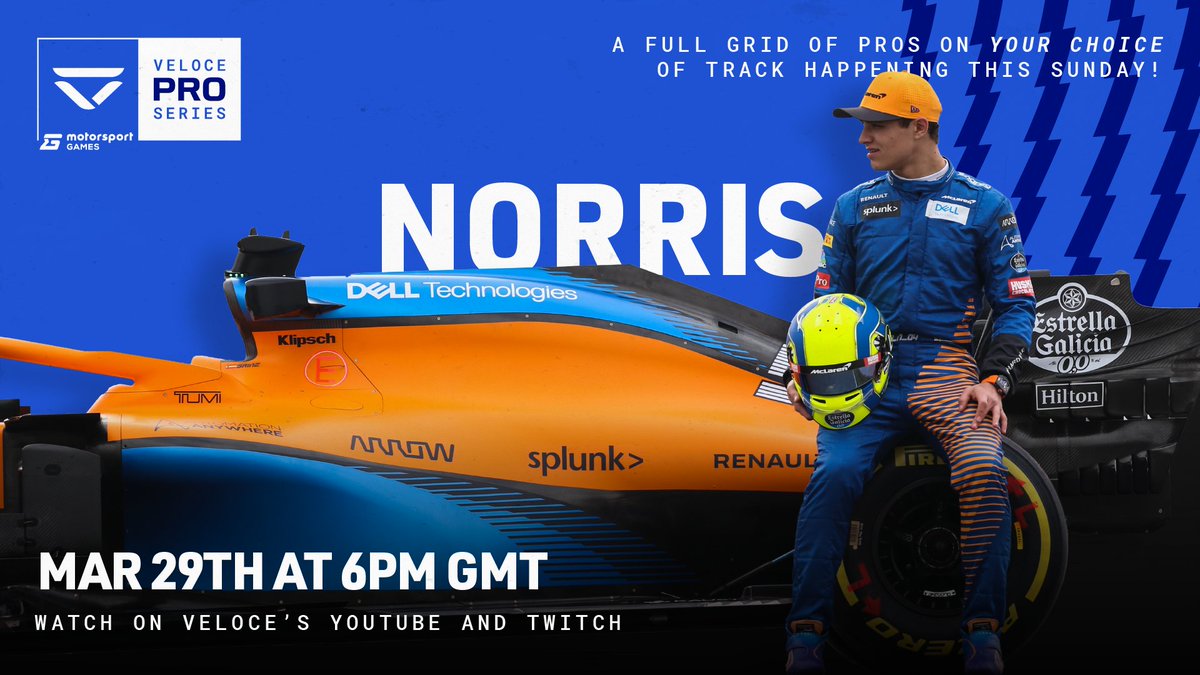 VeloceEsports's tweet image. BACK FOR A THIRD WEEK IN A ROW, @LandoNorris has gone full send into the streamer life! ⛷️ 
@ADD_Management... Veloce and the community owe you one! ✌️

#VelocePro by @VeloceEsports
Sunday 29th March 6 pm GMT
Live on: youtube.com/veloceesports
In partnership with @MSportgames