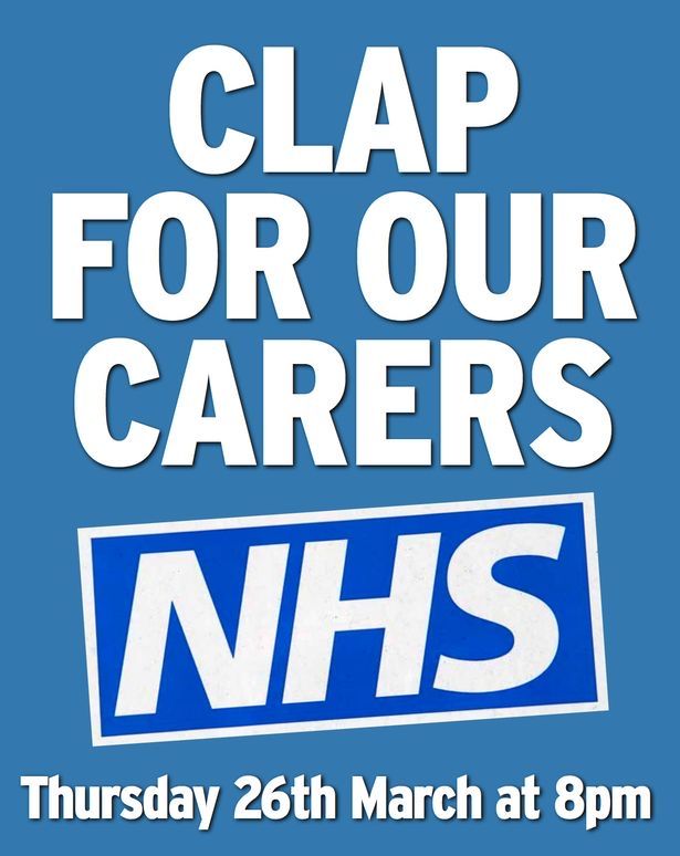 **TONIGHT**
Wouldn’t it be amazing if you opened the door &amp; could hear everyone clapping &amp; cheering streets apart ❤️
Remember, on Thursday 26th March at 8pm can you all either stand on your doorsteps or open a window and clap &amp; cheer for all the frontline workers #ThankfulAt3