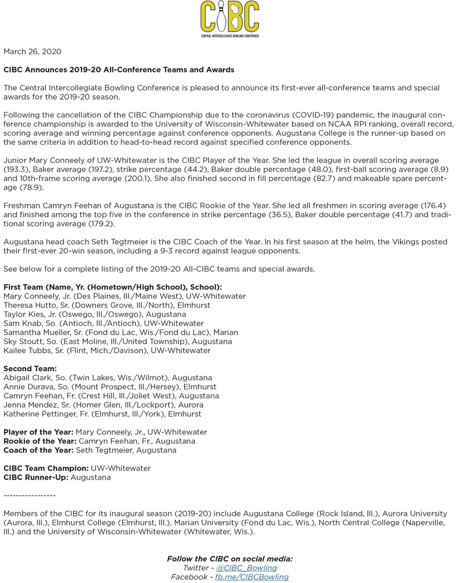 CIBC_Bowling's tweet photo. We're excited to announce our 2019-20 All-Conference Teams and Special Awards! || #NCAABowl https://t.co/St8eDmAEzj