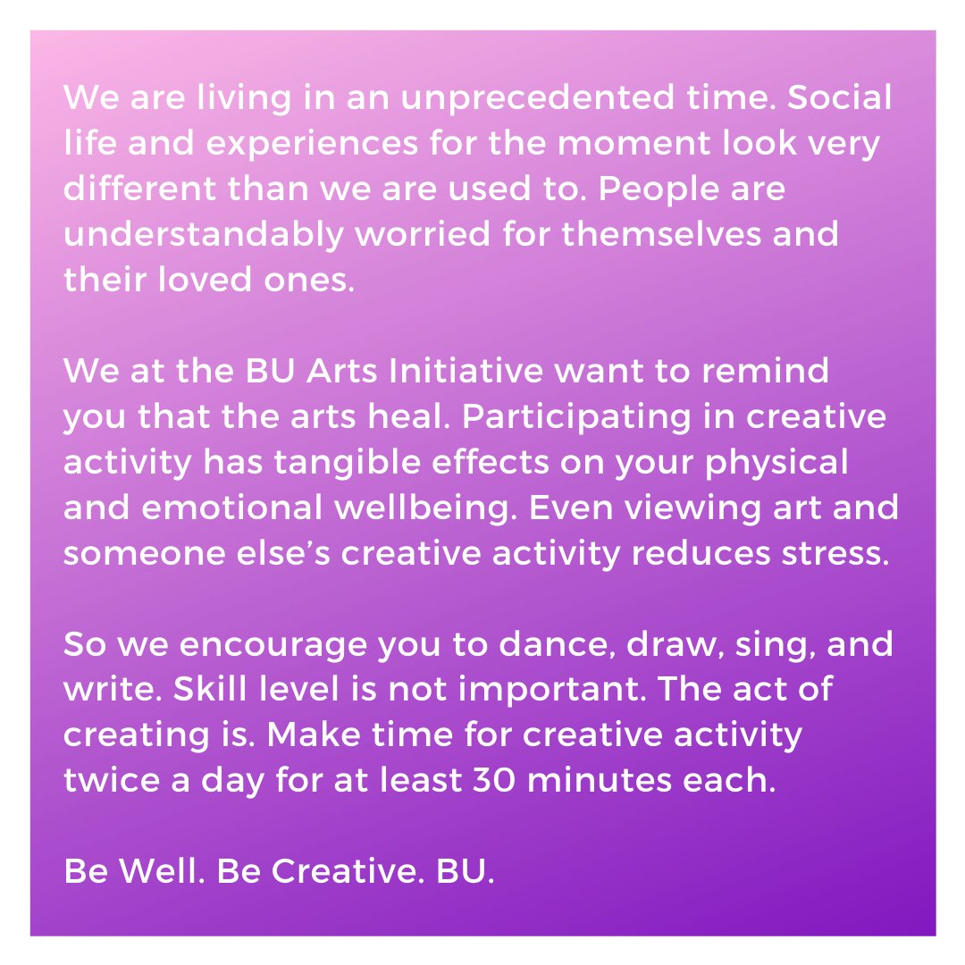 BUOfficeforArts's tweet photo. Join us by using #BeCreativeBU as you stay creative. Keep an eye on our social media for ways to engage in arts activity in the coming days and weeks. https://t.co/6LQXaSCetn