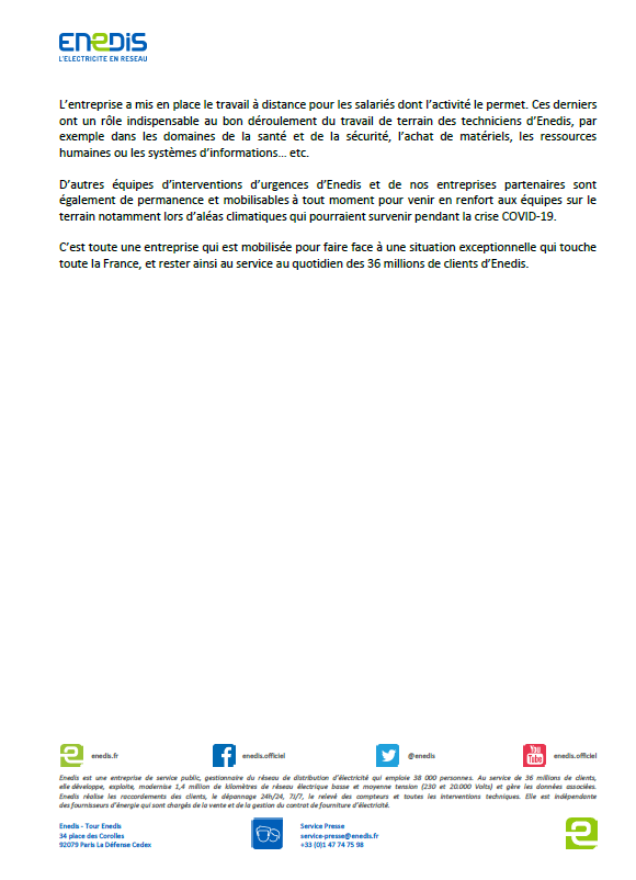Communiqué de Presse : Enedis, mobilisée sur tout le territoire français, avec + de 4 000 salariés sur le terrain soutenus par tous les métiers supports organisés en travail à distance assurant nos missions essentielles . + de 26 000 interventions déjà été réalisées.
#COVID19 #CP