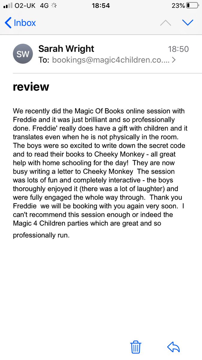 ChildrenMagic4's tweet photo. Here’s a lovely review from Sarah, a happy Mum of 2 boys who booked in for The Magic of Books: Online Interactive Reading Programme! 😊 https://t.co/8mVZPDRYea