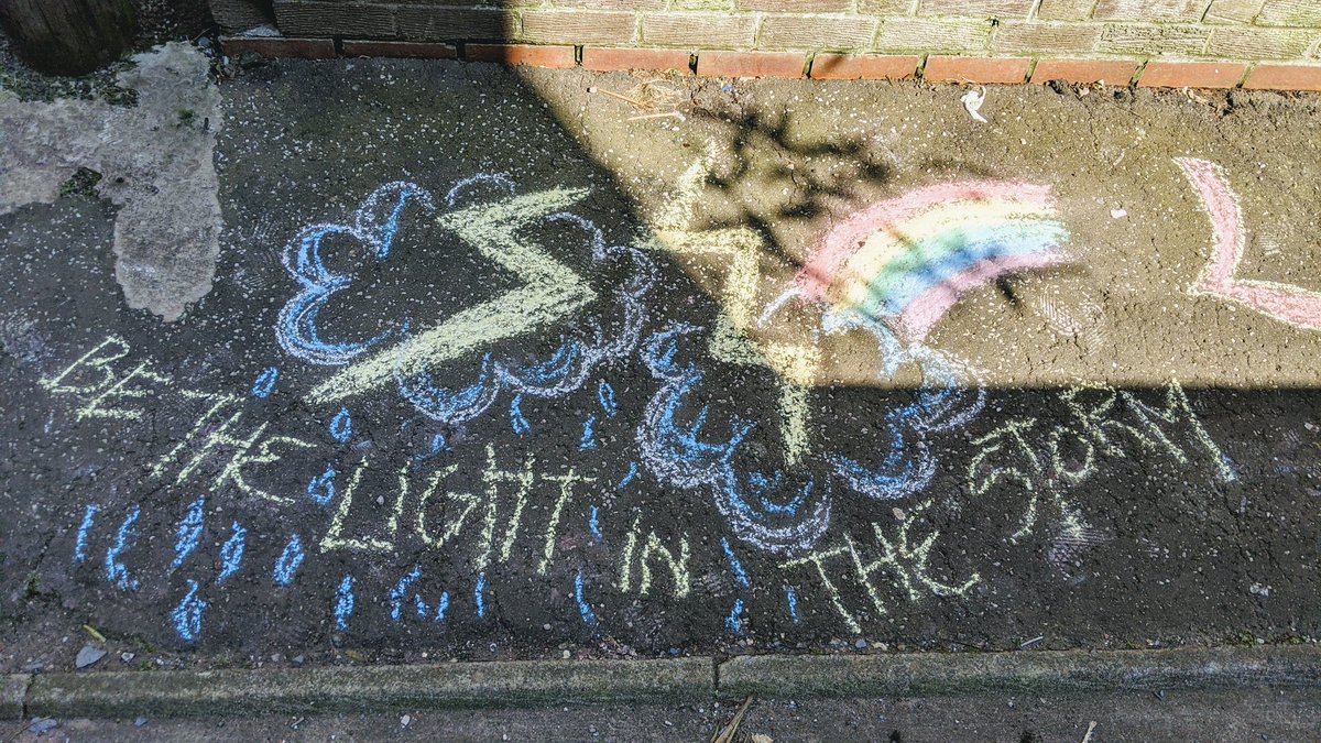 thebackgallery's tweet photo. A bit of chalk graffiti to brighten the day. 
#rainbowsofhope #love #peace #lightinthestorm #loveyourneighbourOT https://t.co/zUKiS5P6Ig