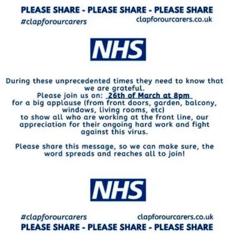 Come on lovely people of #Honley let’s #clapforourcarers #clapforNHS tonight at 8pm to show our NHS staff and volunteers how grateful we are to them #COVID2019
