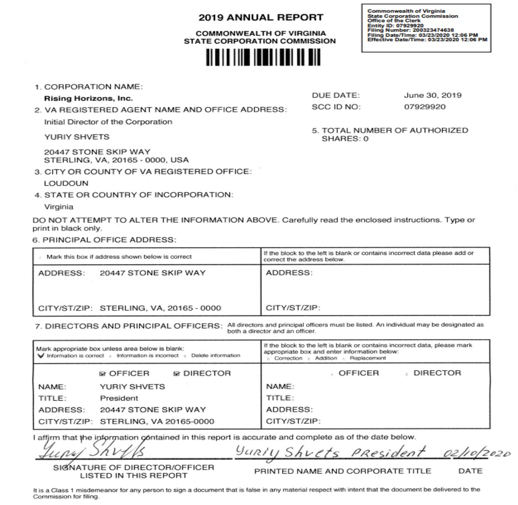 18/ Yuri Shvets and  @YFelshtinsky registered the corporation Rising Horizons, Inc. together. On February 10, 2020, Felshtinsky's information was deleted from the company and replaced with Aleksei Kuzmin's information. This report was filed on 03/23/2020.